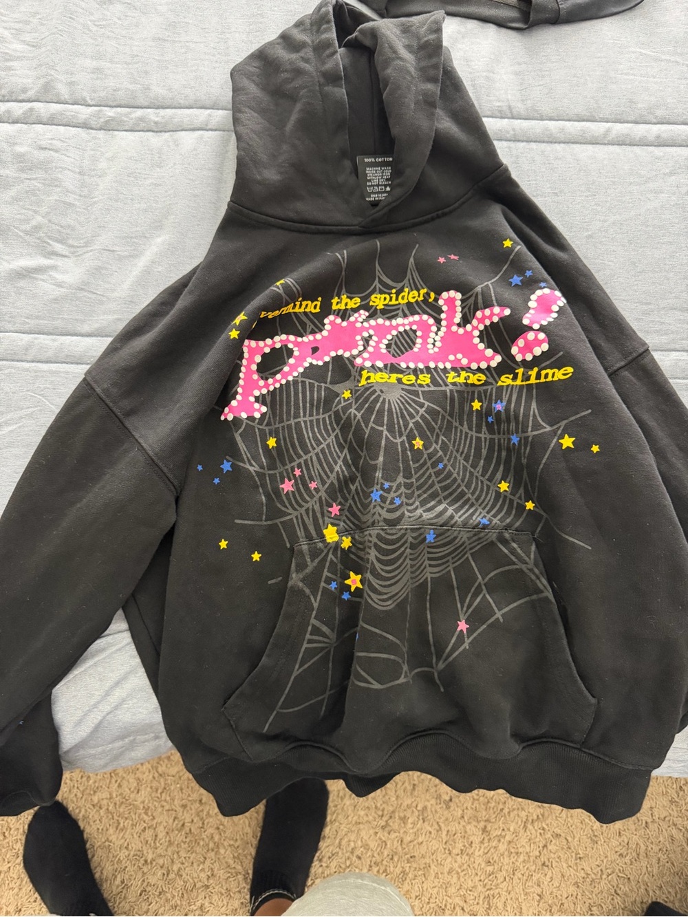 Black Graphic Pullover Hoodie with Pink & Yellow Accents